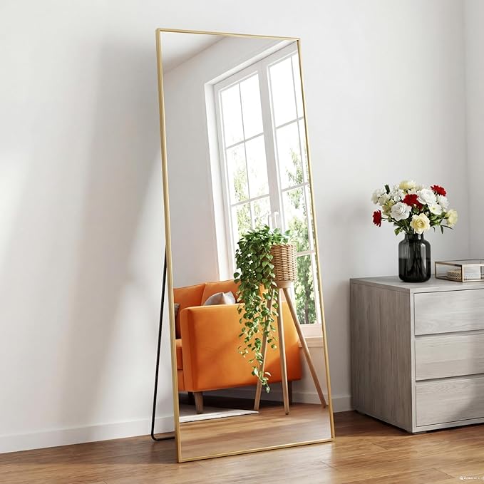DUMOS Full Length Mirror 21"x 56.5" for Bedroom, Full Body Mirror with Stand, Hanging or Leaning for Wall, Aluminum Alloy Thin Frame Floor Standing for Living Room, Long, Gold