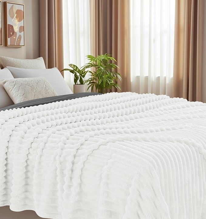 Utopia Bedding Off White Striped Fleece Blanket Twin Size – Fluffy, Warm & Lightweight Ribbed Throw for Bed, Sofa & Chair - Soft Cozy Blanket for Home Décor & Gifting (60x80 Inches)