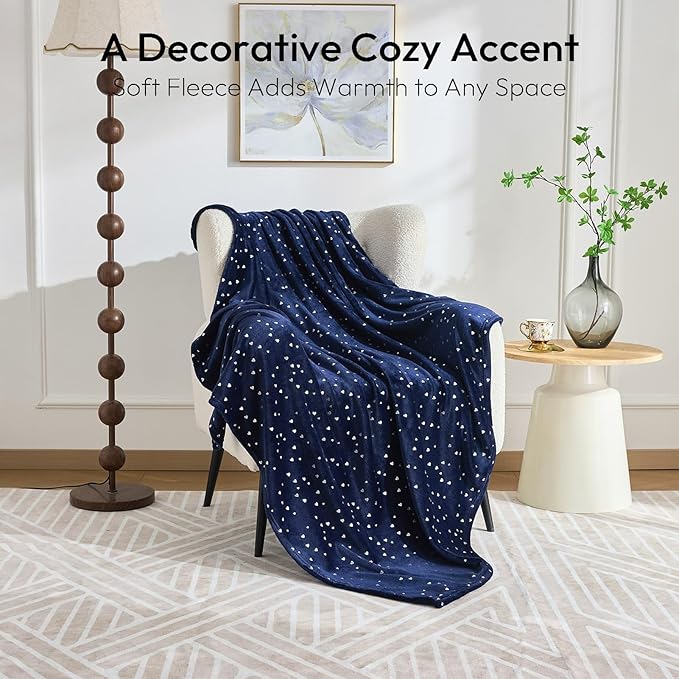 NANPIPER Fleece Blanket Heart Foil Print, Ultra Soft Lightweight Microfiber, All Season Premium Fluffy Throw for Sofa/Couch, 50"x65" Navy Blue