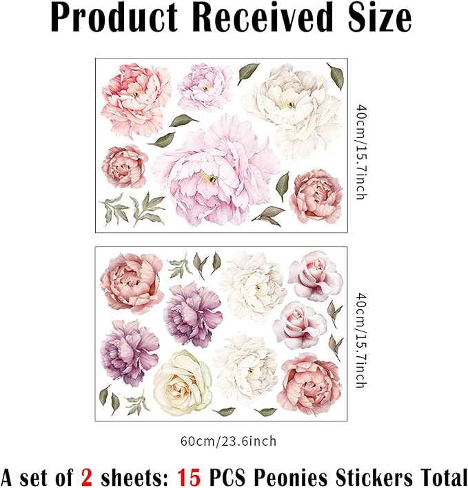 Large Floral Wall Decals, 15 Peonies Flower Set Stickers for Bedroom, Living Room, Nursery, Elegant Floral Decals for Home Decor, Boho Botanical Style