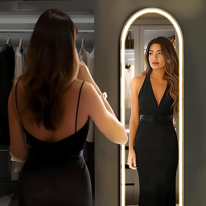 DUMOS Arched Full Length Mirror with Light-15.7×59.8" LED Floor Standing Mirror with 3 Color Lights & Wall Mounted for Bedroom, Dressing Room, Living Room, Bathroom