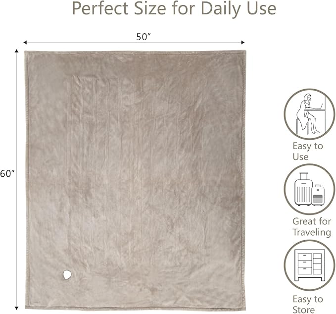 Tefici Electric Heated Blanket Throw, Super Cozy Soft 2-Layer Flannel 50" x 60" Heated Throw with 3 Heating Levels & 4 Hours Auto Off, Machine Washable, ETL&FCC Certified, Home Office Use,Camel