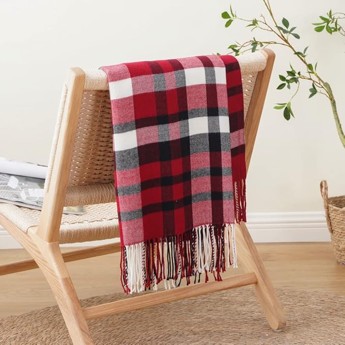 BATTILO HOME Christmas Red Plaid Throw Blanket for Couch, Bed, Super Soft Red Plaid Scarf, Throw Blanket, Christmas Decorative Throw with Tassels 50"x60"