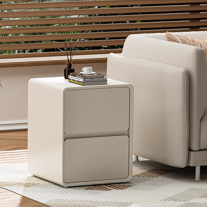 VICITON Modern Narrow Faux Leather Nightstand, Solid Wood Drawer, Storage Accent Table, Small Side End Table for Bedroom (Cream White, Large(15.8 inch))