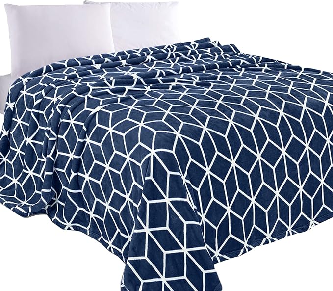 Elegant Comfort Luxury Velvety Feel Blanket, All-Season Lightweight Blanket, Ultra Plush, Soft, Cozy-Fuzzy Flannel Fleece for Couch, Sofa, Bed, Travel, Cube Design, Full/Queen, Navy