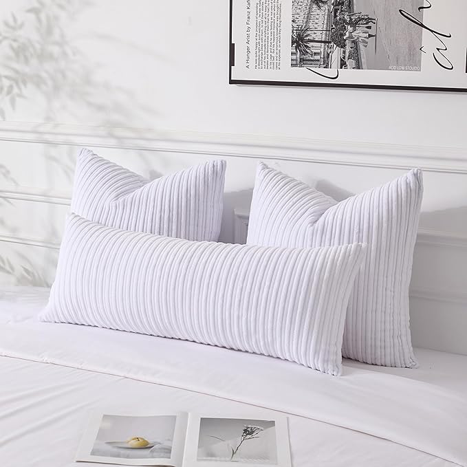 UGASA 14x36 Inch Pillow Cover Pack of 1 Soft Boho Stripe Corduroy Large Long Rectangular Lumbar Cushion Cover Farmhouse Decorative Throw Pillowcase for Bed Couch Sofa Bedroom Living Room, Pure White