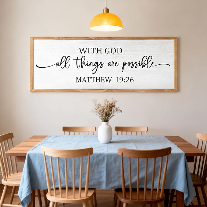 With God All Things are Possible Framed Wall Art, 40''×15'' Positive Religious Rustic Bible Verse for Christian God Jesus Christ Prayer, Vintage Horizontal Holy Inspirational Catholic Scripture Decor