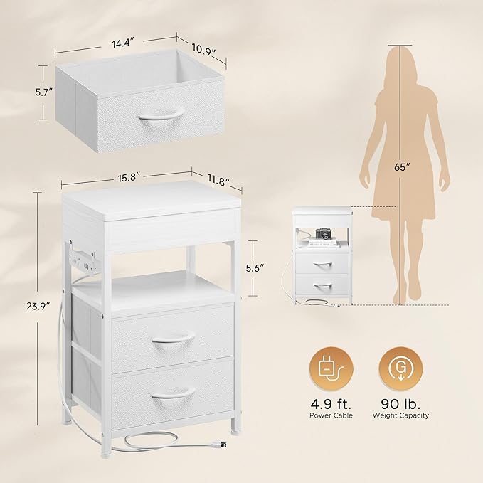 Nightstand Bedside Table Hidden Drawer - Night Stand with Charging Station and Sliding Top Storage, Bed Side Table with 2 Fabric Drawers, Modern Nightstand for Bedroom Dorm Living Room, White