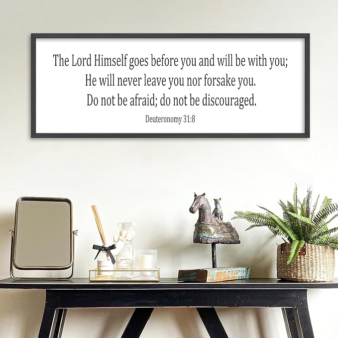 Christian Wall Decor The Lord Himself Will Go Before You He Will Be With You Deuteronomy 3:18 Sign 32"×12" Bible Verse Scripture Sign Large Rustic Wall Hanging Art (Black)