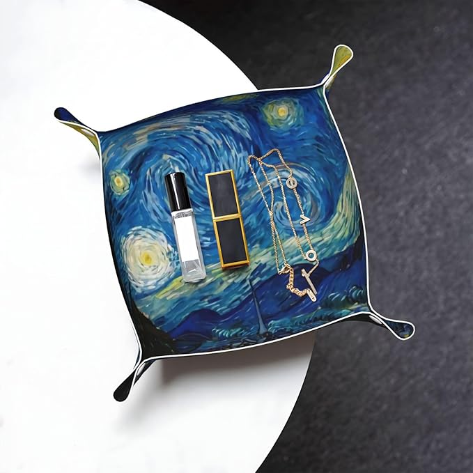 The Starry Night Van Gogh Leather Vanity Tray Desktop Storage Organizer Decor Catchall Perfume Bathroom Valet Tray Nightstand Caddy Holder for Remote Controller Keys Phone Wallet Coin Jewelry, S