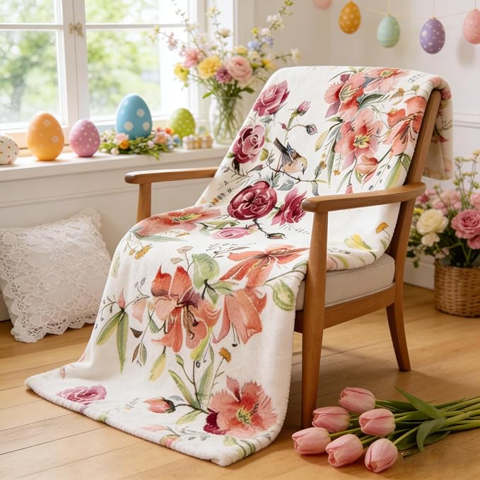 yuboo Spring Floral Throw Blanket, Pink Watercolor Flower Gifts for Women, Mom, Elders and Girls, Floral Blanket, Soft and Cozy Blanket for Spring Decor 50 x 60In