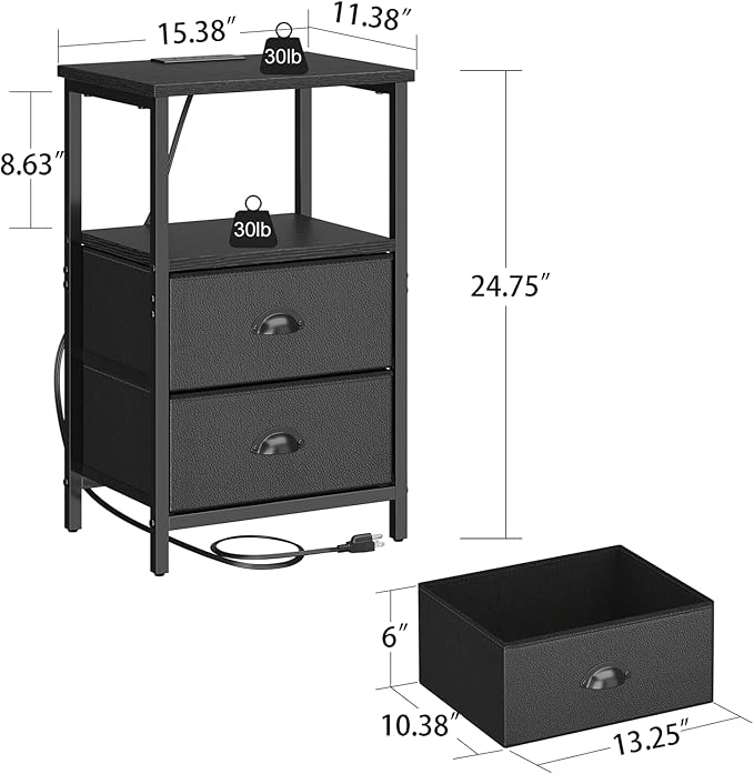 Nightstand with Charging Station, LED Night Stand Set 2, Bedside Table End Table Set of 2, Bedroom Table with 2 Fabric Drawers PU Finish, 3-Tier Storage Side Table for Bedroom,Black