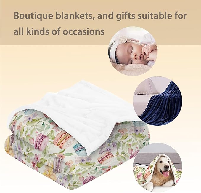 Macaron & Floral Blanket | Soft Fuzzy Warm Lightweight Flannel Throw Blanket Perfect for Couch, Bed, Travel & Outdoor Use, Cozy Blankets for Adults Kids Women 60×50 in