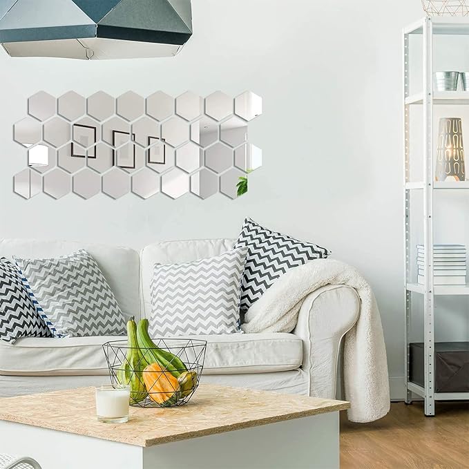 Shappy 24 Pieces Hexagon Mirror Wall Sticker Removable Acrylic Mirror Setting Wall Sticker Decal Honey Comb Decal for Living Room Bedroom Home Decor(15 x 18 x 9 cm)