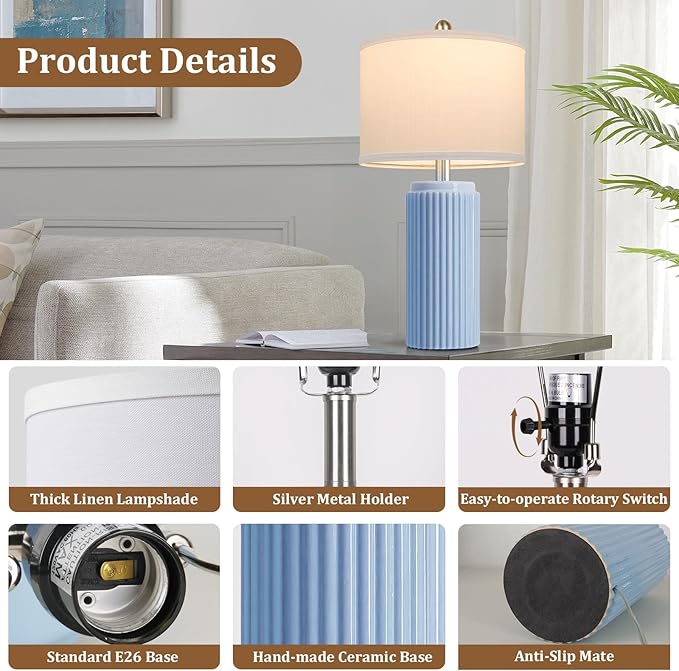 TOBUSA 23.5’’ Sky Blue Farmhouse Table Lamps for Living Room Set of 2, Modern Elegant Ceramic Bedside Nightstand Lamps with White Linen Shade for Bedroom, Coastal Lamps Set for Study Home Office