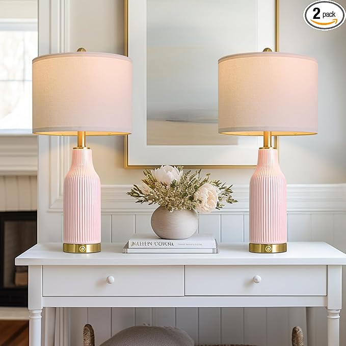 24.5" Modern 3-Way Dimmable Touch Control with 5FT Cord & USB A+C Ceramic Lamps Set of 2 Table Lamp for Living Room Bedroom Farmhouse Nightstand Bedside Pink