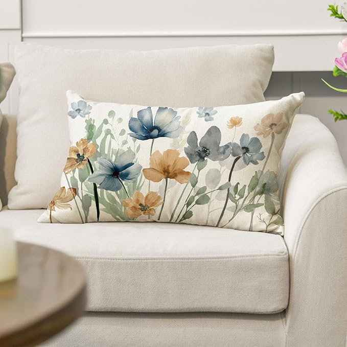 AVOIN colorlife Poppy Flowers Chinoiserie Spring Throw Pillow Cover, 12 x 20 Inch Light Brown Blue Seasonal Leaves Cushion Case Decoration for Sofa Couch Farmhouse