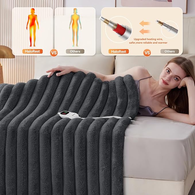 Heated Blanket King Size, Faux Fur Cozy Heating Blanket with Overheat Protection, 1/2/4/6/8 Hours Auto-Off 10 Heat Level, Machine Washable (90x100 Inches, Darkgrey)
