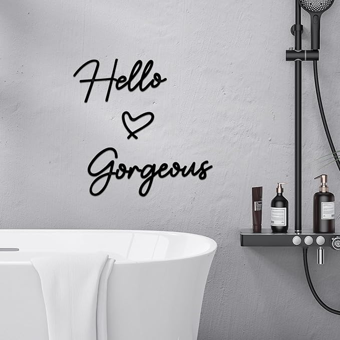 Hello Gorgeous Metal Wall Art Decor Black Modern Hello Gorgeous Signs Farmhouse Metal Wall Art Hanging Decoration for Home Bathroom Living Room Bedroom Office Hotel Wall Decoration (Black)