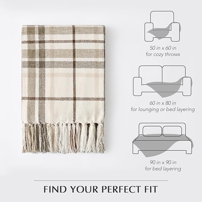 EverGrace Plaid Chenille Throw Blanket for Couch, Super Soft Cozy Decorative Farmhouse Plaid Throw with Tassels, Lightweight Chenille Knit Throw for Bed Sofa Gift Home Decor, Beige 60”x80”