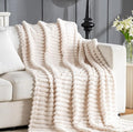 Wider Striped 380gsm Thick Beige Throw Blanket for Couch Super Soft Cozy Blankets for Women Fuzzy Fleece White Blanket for Bed Sofa 50x60