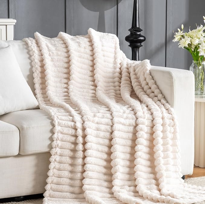 Wider Striped 380gsm Thick Beige Throw Blanket for Couch Super Soft Cozy Blankets for Women Fuzzy Fleece White Blanket for Bed Sofa 50x60