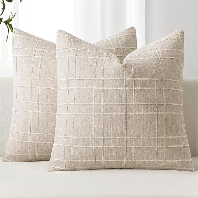 MIULEE Decorative Linen Check Euro Shams Throw Pillow Covers Neutral Farmhouse Vintage Pillow Covers 22x22 Set of 2 Boho Modern Home Decor for Sofa Couch Bedroom Cushion Natural Beige