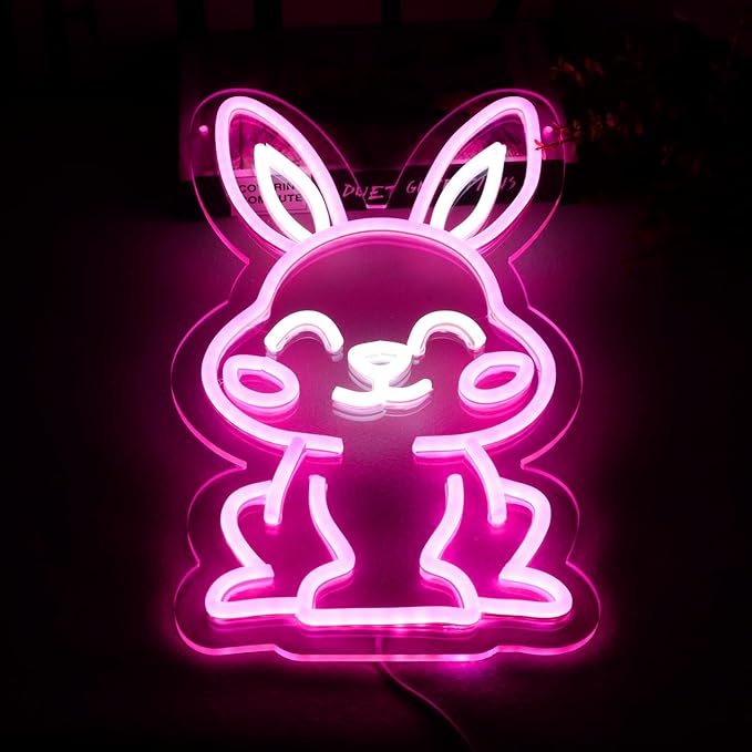 Easter Rabbit Neon Sign for Wall Decor,Dimmable Led Pink Rabbit Neon Signs, USB Powered Rabbit Neon Lights for Children's Room Decoration, Easter Gifts, Birthday Parties Gift