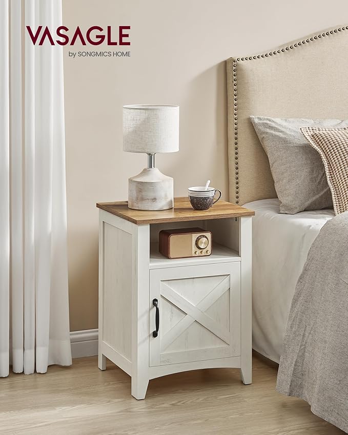 VASAGLE LIRY Collection - Farmhouse Nightstand with Barn Door, Bedside Table with Storage, Side End Table, Night Stand, Open Compartment, for Bedroom, Rustic White and Honey Brown ULET609K41