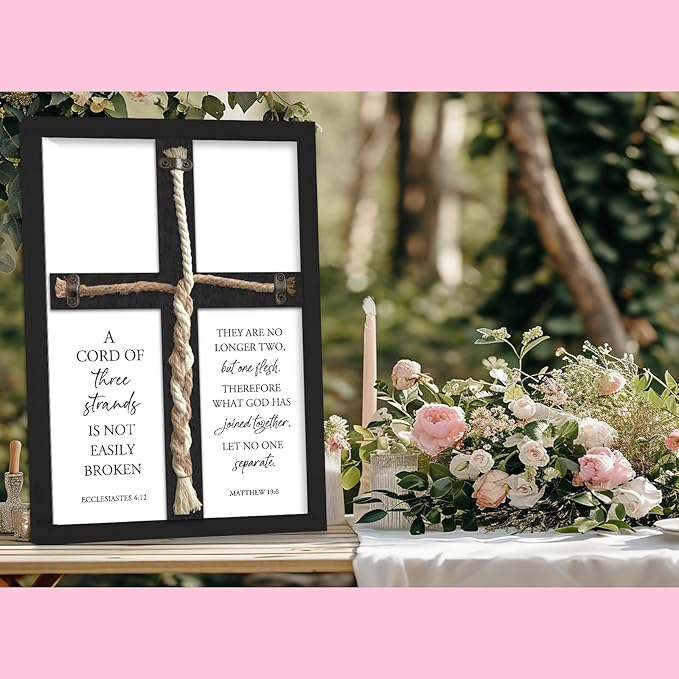 YWJKWLGS A Cord of Three Strands Wedding Ceremony Sign 15x10 Inch Anniversary Unity Knot Cross Christian Marriage Prayer Art Ideas Braid Rope Wall Decor for Couple Religious Wood Framed (Black)