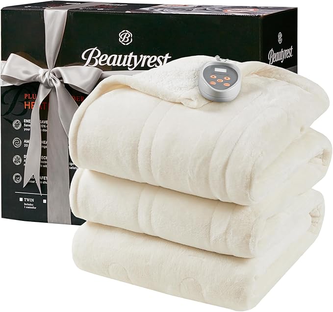 Beautyrest Heated Blanket, Electric Blanket, Soft, Warm, Reversible Plush - Sherpa Heating Blanket with 20 Heat Settings, 1-10 hrs Timer Auto Shut Off, Machine Washable, Twin (84 inx62 in), Ivory