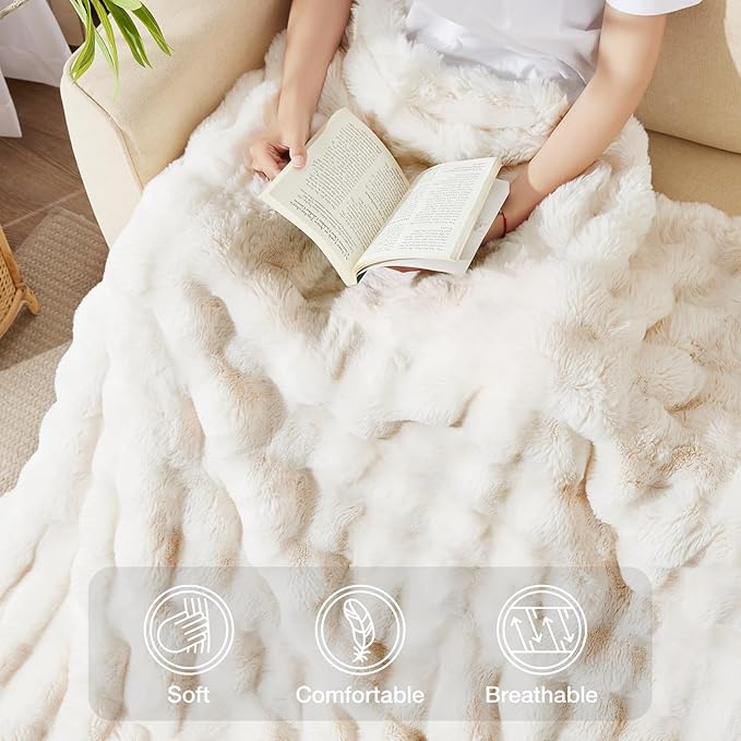 EXQ Home Fluffy Faux Rabbit Fur Throw Blanket for Couch, Soft Luxury Bubble Double Sided Plush Blanket, Cozy Thick Warm Fuzzy Decorative Blanket for Bed Chair Sofa Living Room,50"X60"(Beige)