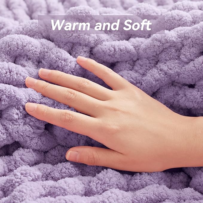 Chunky Knit Throw Blanket, 80''*90'' Knitted Throw Chenille Yarn for Bed Couch, Handmade Light Purple Crochet Big Thick Blanket, Machine Washable Cute Comfy Blanket for Home Decor