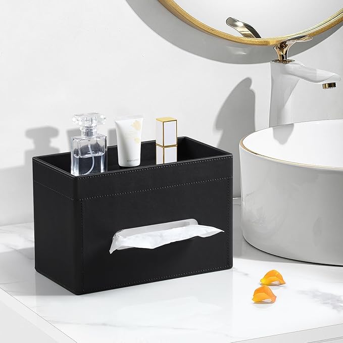 Plus Size Tissue Box Cover Rectangle, PU Leather Tissue Box Holder with Storage Tray, Decorative Organizer Tissue Holder for Bathroom, Bedroom Dresser, Night Stand, Office (Black)