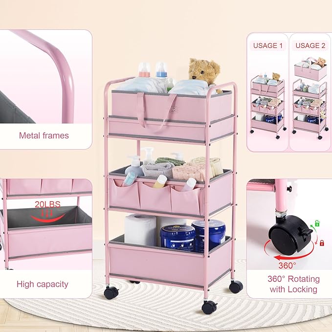 Honeydak 2in1 Baby Diaper Caddy Organizer Cart 3 Tier Large Capacity Metal Utility Bedside Rolling Cart with Divider Newborn Registry Nursery Essential Must Have Crib Bedroom Baby Shower(Pink)