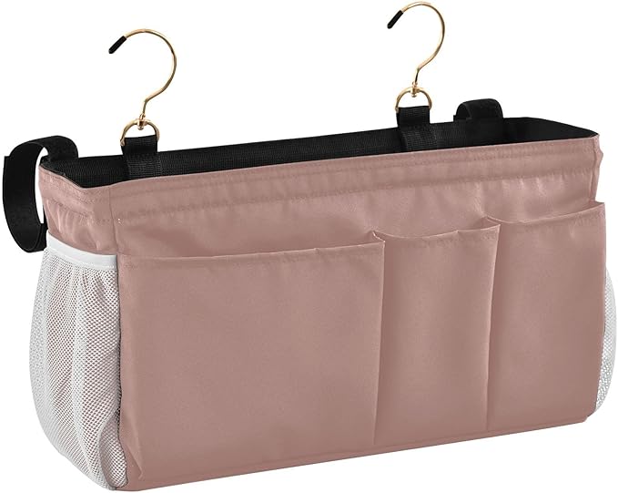 DOMIKING Rose Gold Bedside Caddy for Dorm Bed Recliner Armrest Organizer with Hooks Haning Storage Pockets for Tablet Phone Magazine