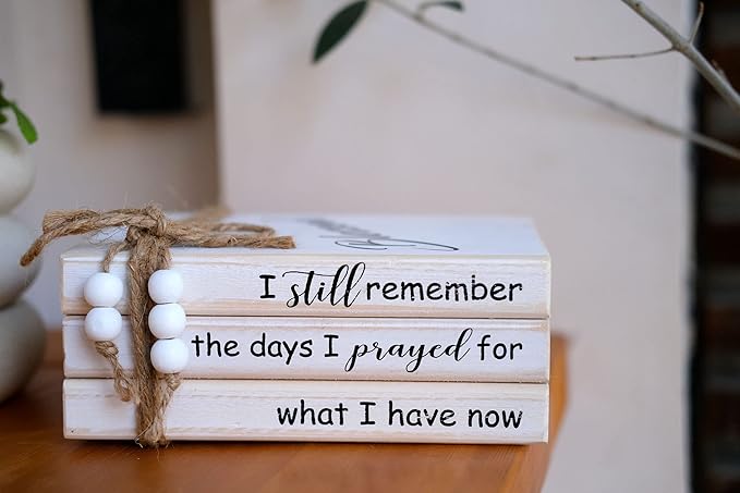 LIVDUCOT Wooden Decorative Books Stack for Coffee Table Faux Book Stack for Decoration I Still Remember the Days I Prayed Modern Farmhouse Decor White Book Decor for Shelf Mantle 7.5x5x3'