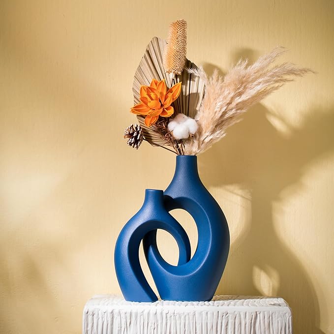 Liotww Snuggle Hollow Ceramic Vase Set of 2, 11 inch Hug Donut Modern Nordic Boho Style Vases for Home Decor Anthropologie Aesthetic Living Room Shelf Entryway Table Decorative (Navy Blue)
