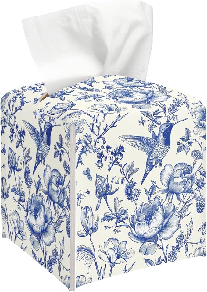 Vintage Floral Tissue Box Cover, Blue Bird Tissue Holder Square with Bottom Belt for Home Bathroom Office Vanity Countertop, Housewarming Gifts Ideas for Women Friends Mom Bestie -06