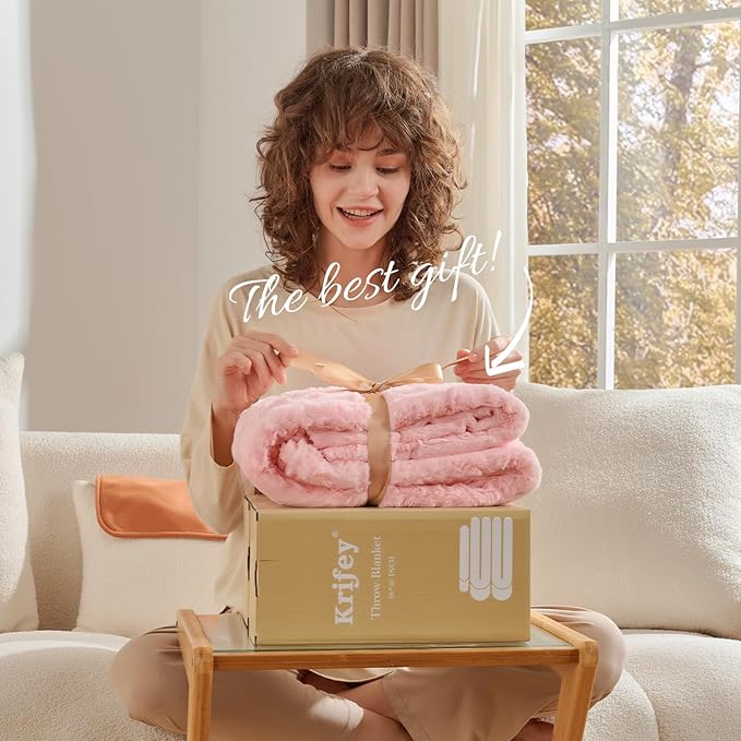 Krifey Faux Fur Throw Blanket for Couch, 3D Marble Texture Soft Throws, Cozy Fuzzy Plush Thick Warm Blanket, Faux Rabbit Fleece, Christmas Birthday Gifts for her Girls Women Mom, Cute Pink, 50x60in