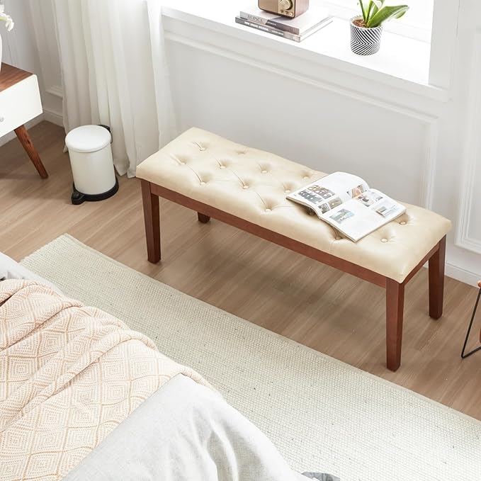 Ottoman Bench Upholstered Padded Seat with Solid Wood Legs and Button-Tufted, Faux Leather Ivory