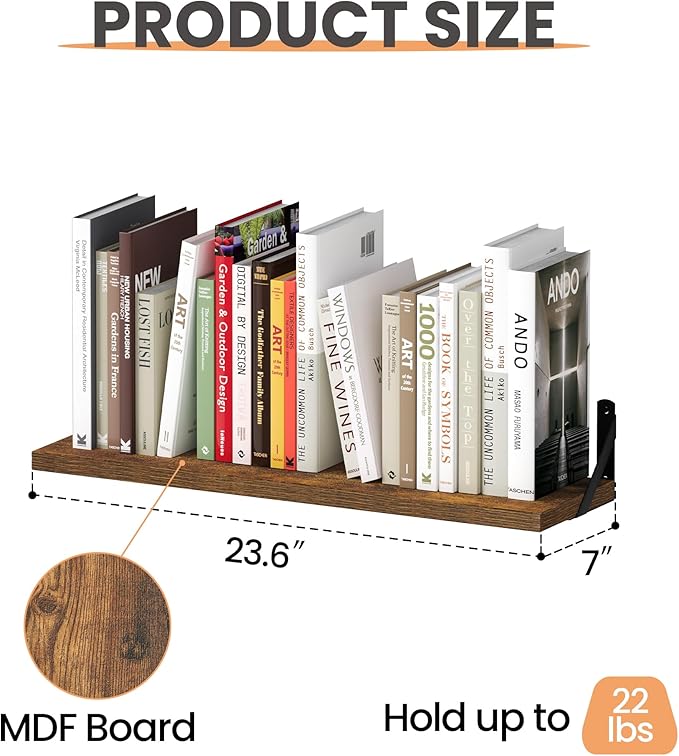 upsimples 23.6 Inches Floating Book Shelves for Wall, Floating Wood Shelves for Living Room, Laundry Room, Bedroom, Office Organizer and Storage, Brown