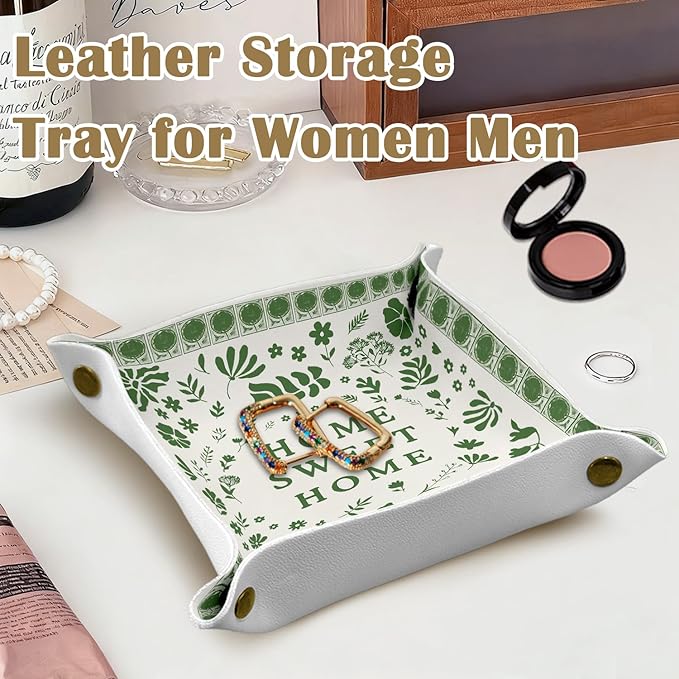 Housewarming Gifts Leather Jewelry Valet Tray, New House Gifts, Home Sweet Home PU Leather Catchall Beside Caddy Nightstand Organizer Tray for Jewelry Rings Watches Keys, 7.8x7.8inch