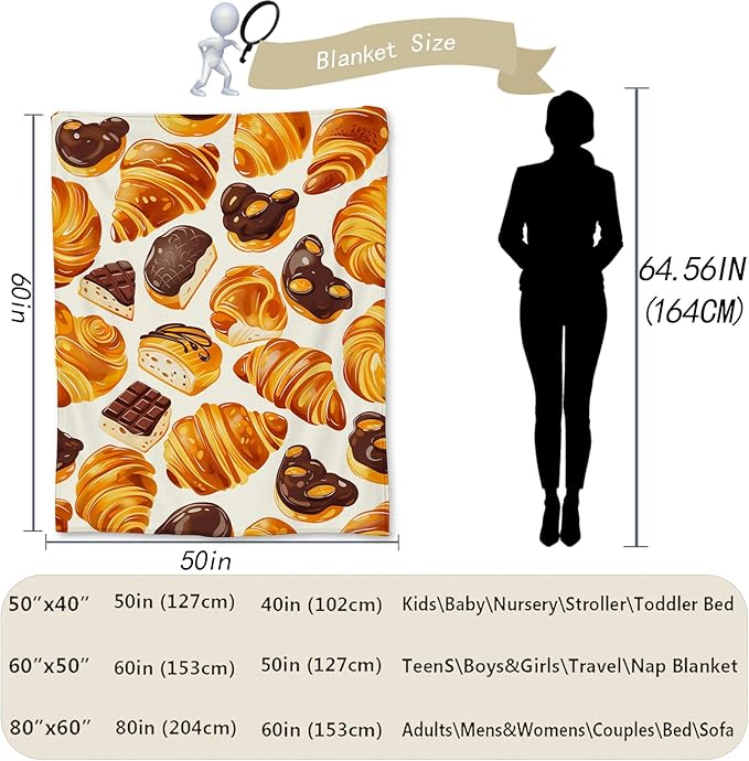 Croissant Blanket | Soft Warm Fuzzy Lightweight Flannel Throw Blanket Perfect for Couch, Bed, Travel & Outdoor Use, Cozy Blankets for Adults Kids 60×50 in