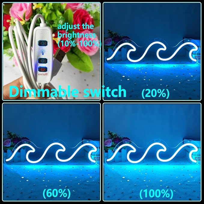 Wave Neon Signs for Bedroom Ice Blue Dimmable Wave Neon Light Art Wall Decor Wave Neon Signs for Wall Decor Living Room Bedroom Office Bar Birthday Party Christmas(16.5 X 5.1 Inch)