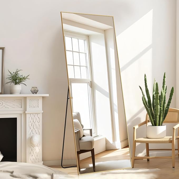 Mirror Full Length, Upgraded Body Wall Mirrors with Shatter-Proof Glass, Floor Standing, Hanging or Leaning, Tall Mirror with Stand Aluminum Alloy Frame for Bedroom Cloakroom