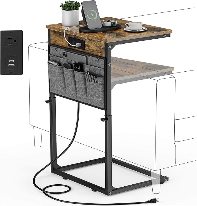 Vagusicc C Shaped End Table with Charging Station, 33" Tall Side Table for Couch, Sofa Table Adjustable Height Side Table C Table, Slide Under Couch Table TV Tray Table for Living Room, Bedroom, Brown