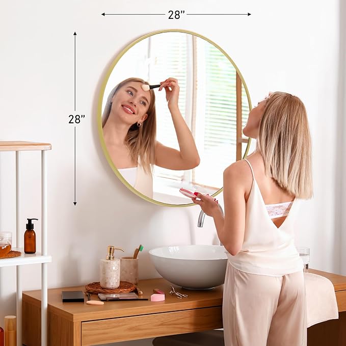 Sweetcrispy 28in Gold Round Bathroom Mirrors for Wall, Bathroom Mirrors for Over Sink, Wall Decor for Bathroom, Entryway, Bedroom, Vanity