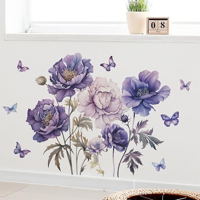 TUOKING Purple Flowers Wall Stickers Removable Butterfly Wall Murals Peel and Stick Wall Art Decal Home Decor for Kitchen,Bedroom,Living Room(fun-c16)