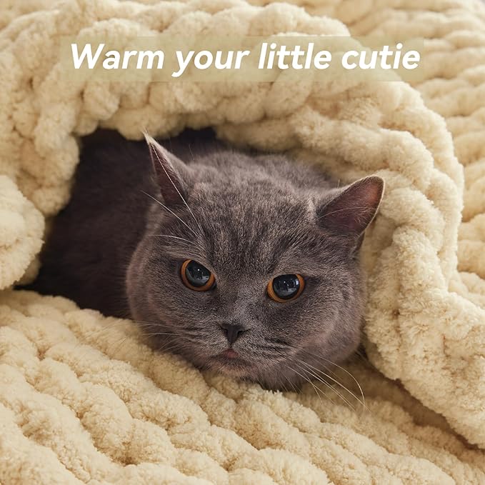 Chunky Knit Throw Blanket, 80''*90'' Knitted Throw Chenille Yarn for Bed Couch, Handmade Oatmeal Crochet Big Thick Blanket, Machine Washable Cute Comfy Blanket for Home Decor